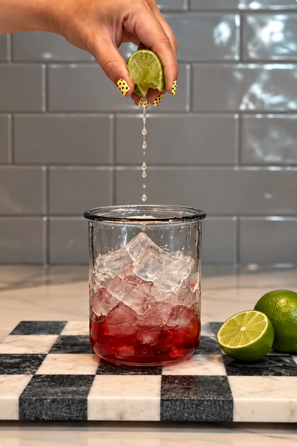 A lime being squeezed over ice and syrup