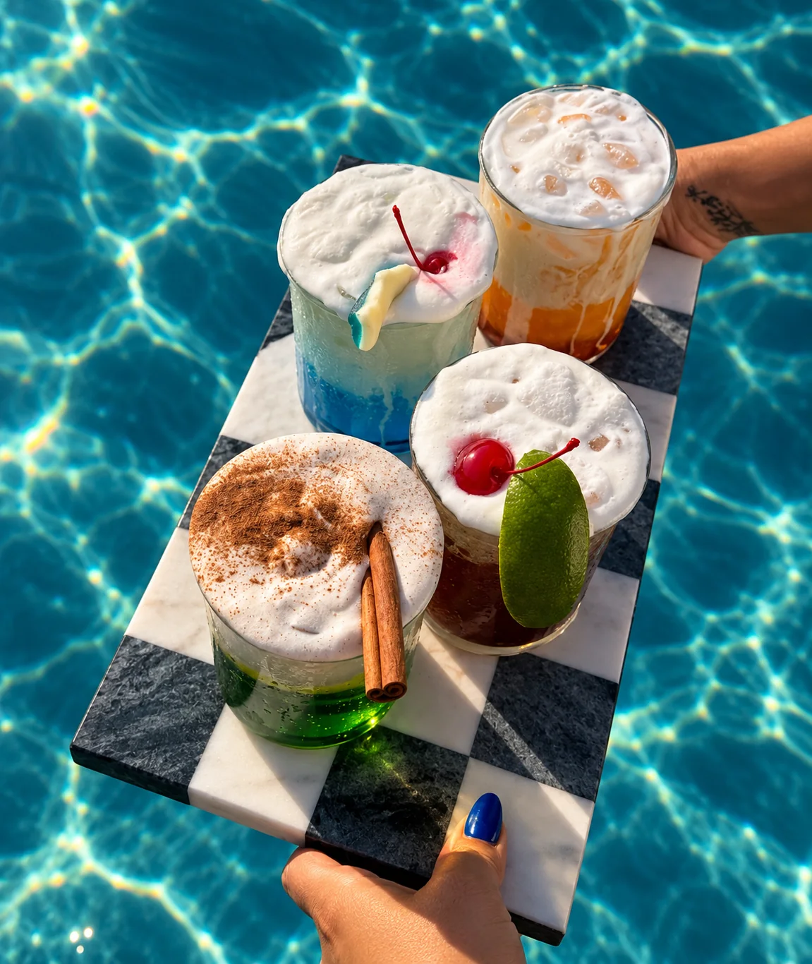 Four colorful dirty sodas on a checkered tray